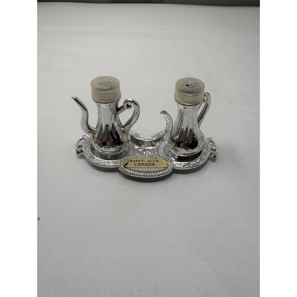 Vintage Silver Teapot Salt and Pepper Shakers with Tray Metal Canada MCM Travel